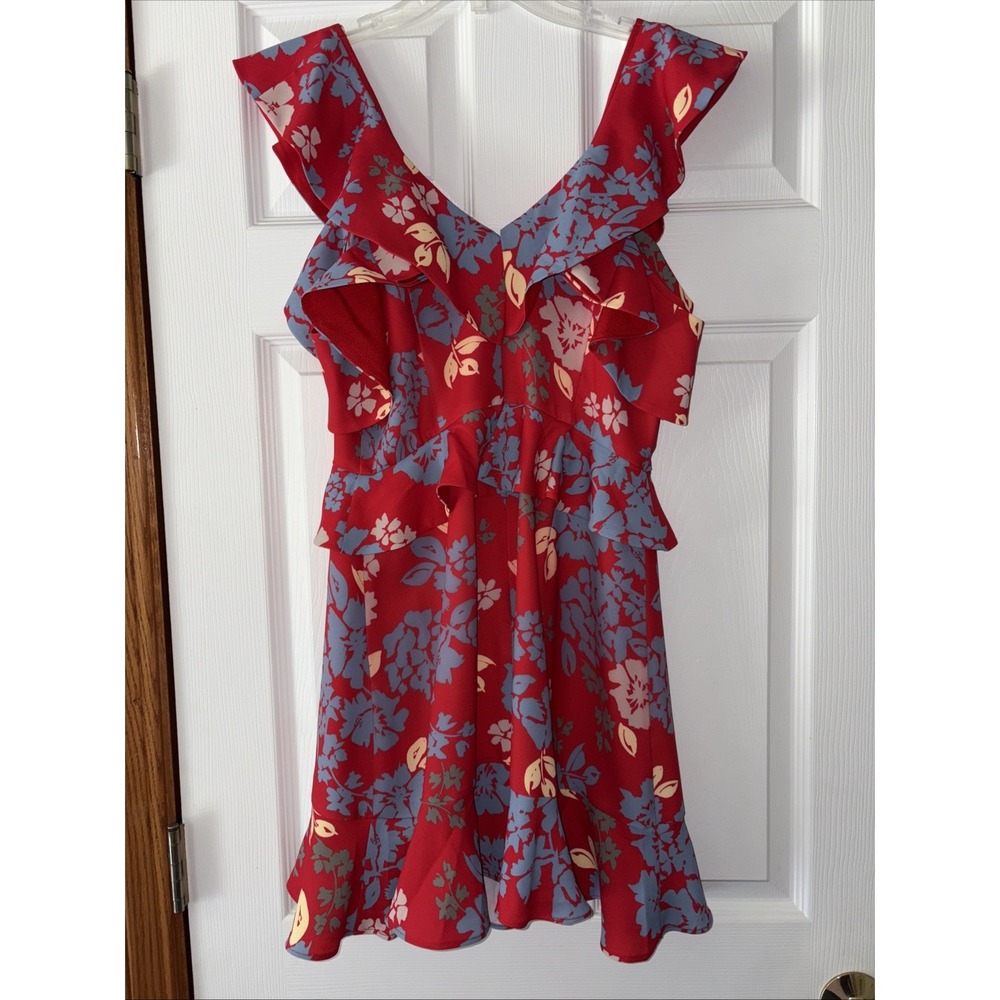 C/MEO Collective Red Floral Ruffle Cold Shoulder Mini Dress Womens Medium NWT - Picture 4 of 6